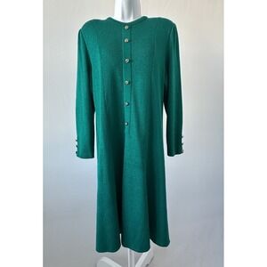 VTG Mita Women's Knit Sweater Dress Sz 16 Krinkle Spun Teal Gold Accents (b50)